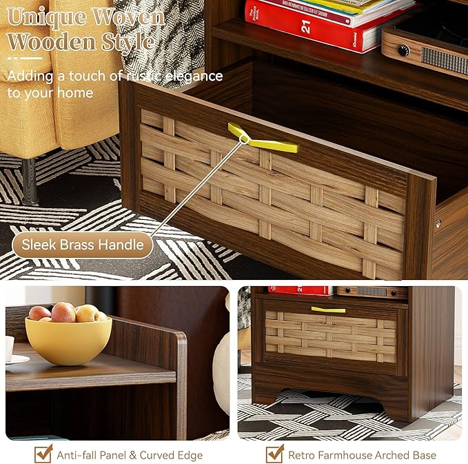 24" Rattan Nightstand with Storage Drawer, Walnut Bedside Table with Semi Open Cubby, Boho Night Stand with Farmhouse Arched Base for Bedroom, Side Table, End Table for Dorm