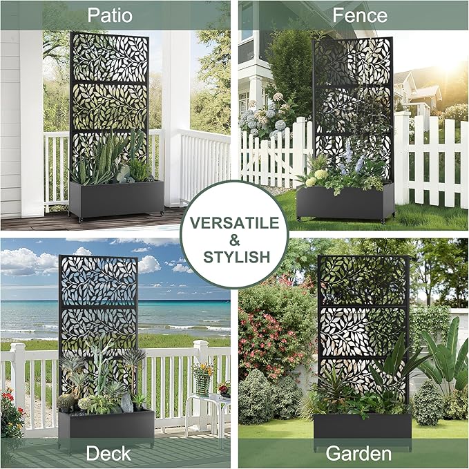 Metal Planter Box with Trellis and Wheels, 35" L×16" W×71" H Outdoor Raised Beds with Privacy Screen, Drainage Holes for Climbing Plants (Black Leaf)