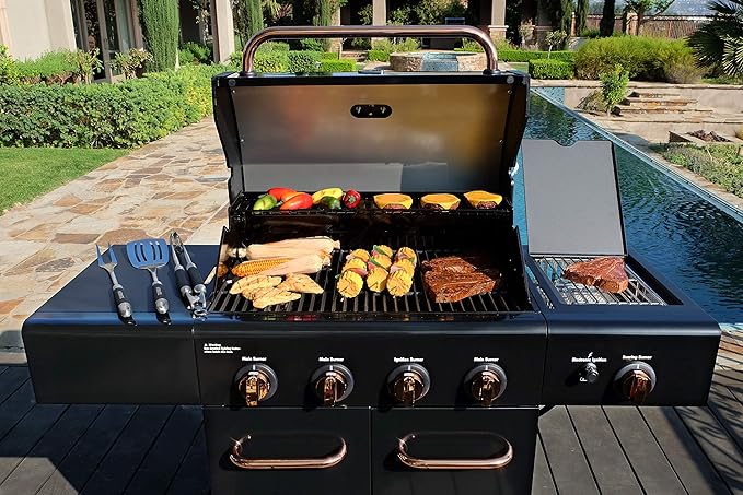 Kenmore 4-Burner BBQ Gas Grill with Searing Side Burner, Propane Grill, 52,000 BTUs, Warming Rack, Electronic Ignition & Cast Iron Cooking Grates, Black/Copper