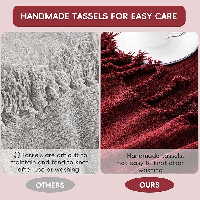 BATTILO HOME Burgundy Chenille Throw Blanket, Decorative Red Knit Throw with Fringe, Lightweight for Christmas Decor, 50"x60"
