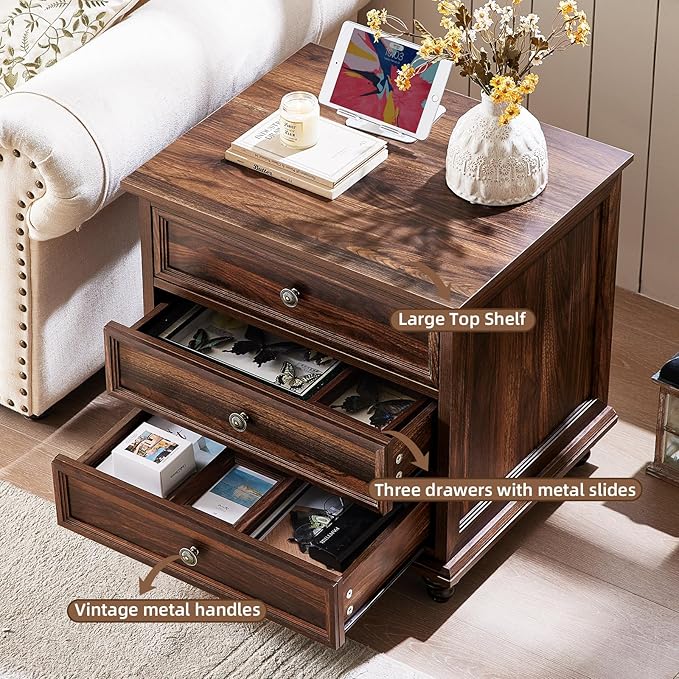 24" Wide Farmhouse Night Stand,Large End Table with 3 Drawers & Metal Handle,Wood Dresser for Bedroom Cabinet, Bed Side Table Chest of Drawers,Brown Nightstand for Living Room,Close