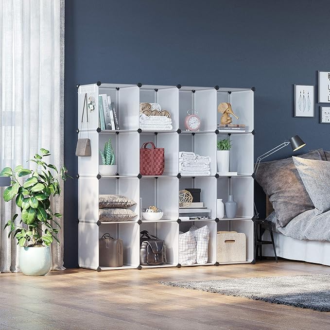 C&AHOME Cube Storage Organizer, 16-Cube Shelves Units, Plastic Storage Cubes, DIY Closet Organizer, Modular Closet Storage Shelves Ideal for Home, 48.4" L × 12.4" W × 48.4" H Transparent SUM3016W