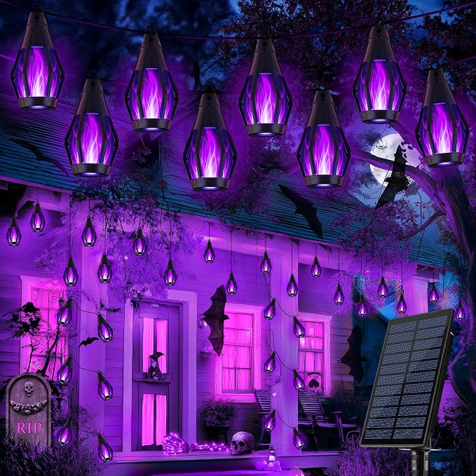 iBaycon Solar Halloween Lights, 27Ft 10 LED Bulbs Flickering Flame String Light, Outdoor Waterproof Solar Flame Lights for Garden Yard Patio Halloween Decorations (Purple)