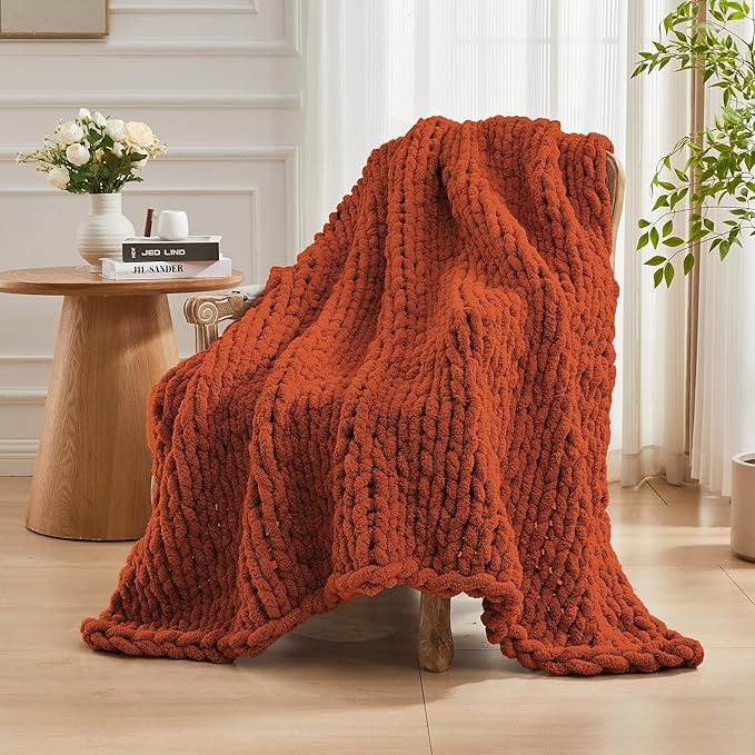 Carriediosa Chunky Knit Throw Blanket 50" X 60", 100% Hand Made Large Chenille Loop Yarn Soft Fluffy Throws for Couch Sofa Bed, Big Crochet Cozy Heavy Thick Cable Woven Blankets, Rust