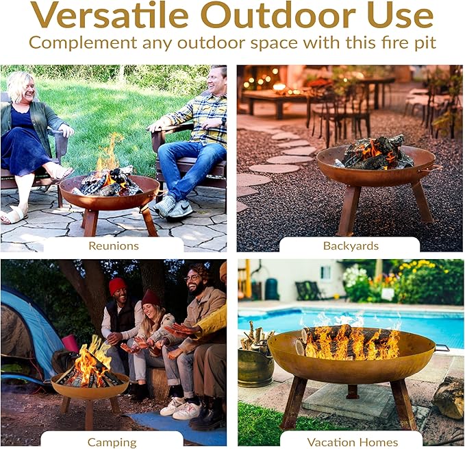 Sunnydaze 24-Inch Cast Iron Heavy-Duty Fire Pit for Outside - Wood-Burning Outdoor Fire Pit Bowl with Handles - Oxidized Finish