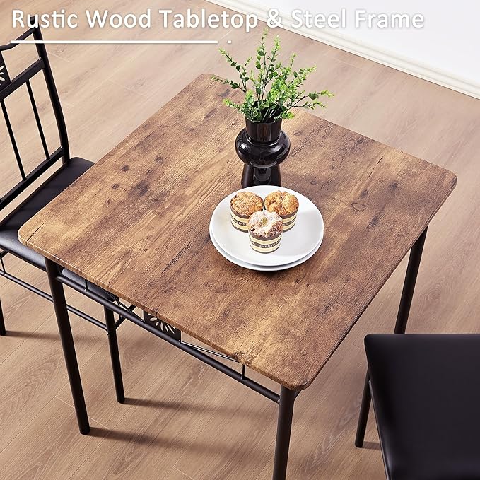 VECELO 3-Piece Small Kitchen Dining Table Set for 2, PU Padded Chairs, Retro Brown