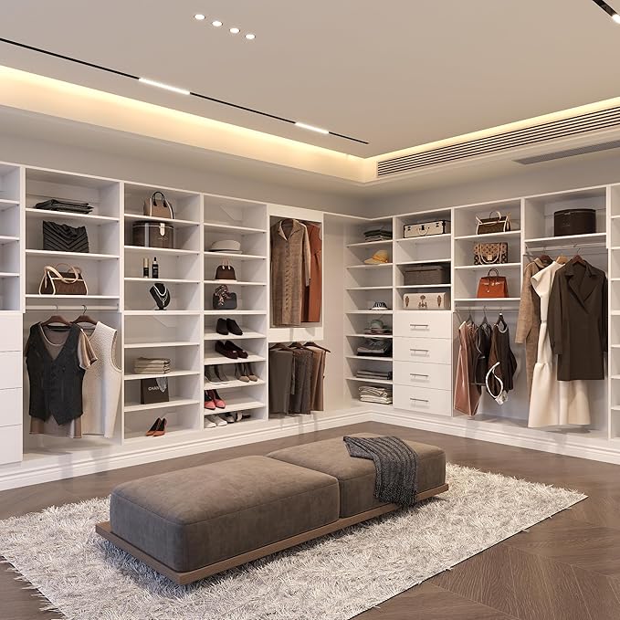 Tall Hanging Closet Unit, Modular Closet System, Wood Closet System Organizer with Storage for Walk in Closets, Clothing Rack Wardrobe Closet for Hanging Clothes, Bedroom, White, 31.5" W