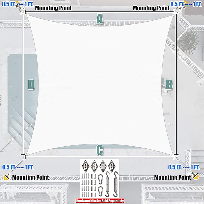 Amgo Custom Size 7' x 7' White Rectangle Square Sun Shade Sail UPF50+ AGTAPR1620, Order to Make Canopy Awning, 95% UV Blockage, Water & Air Permeable, Commercial and Residential (We Customize)
