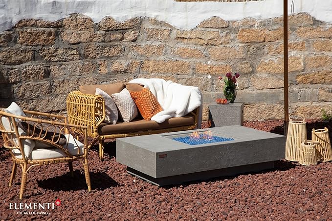 Elementi+ | Monte Carlo Gas Fire Pit Cast Concrete 60" Rectangular Fire Table, Outdoor Fire Pit Electronic Ignition | Canvas Cover, Fire Glass and Burner Lid Included | Light Gray | Natural Gas