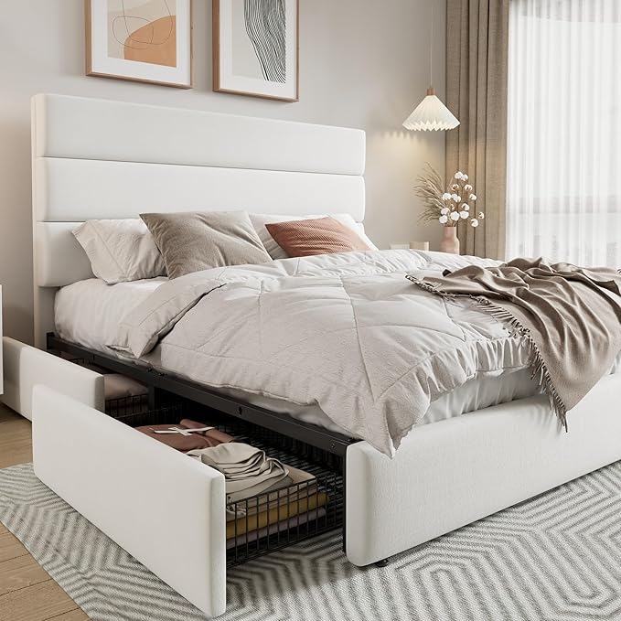 Allewie Modern Queen Size Platform Bed Frame with 4 Storage Drawers and Velvet Upholstered Headboard, Wooden Slats Support, Upholstered Mattress Foundation/No Box Spring Needed/Easy Assembly, White