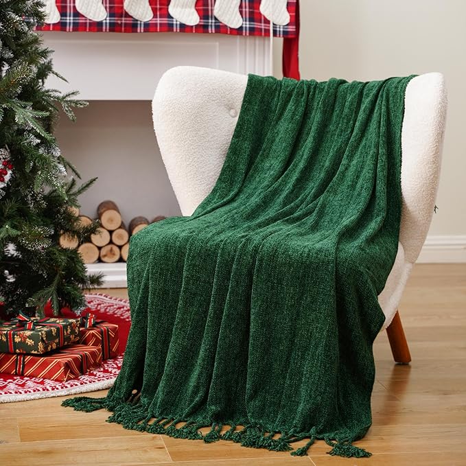 BATTILO HOME Chenille Knit Throw Blanket for Couch, Soft Cozy Christmas Green Knitted Throw Blanket with Fringe, Lightweight Blanket for Christmas Decoration, 50"x60"