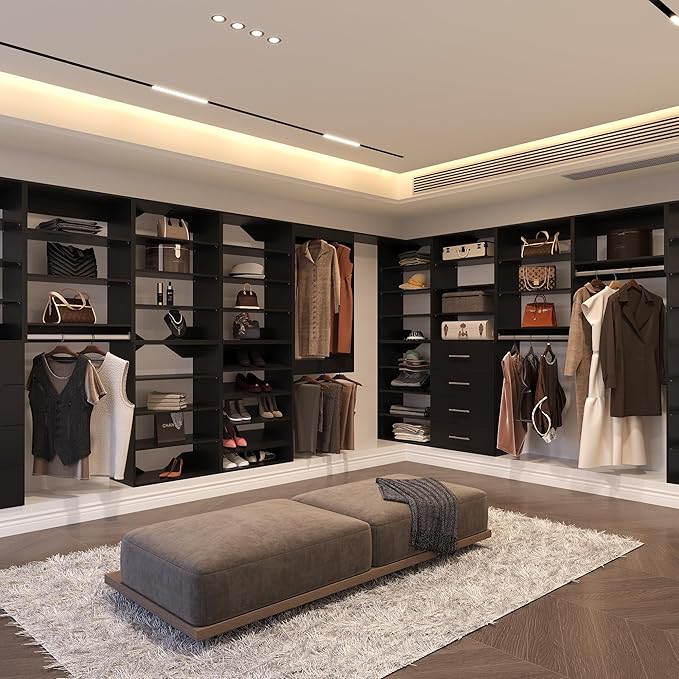 Double Hanging Closet Unit, Modular Closet System, Wood Closet System Organizer with Storage for Walk in Closets, Clothing Rack Wardrobe Closet for Hanging Clothes, Bedroom, Black, 31.5" W