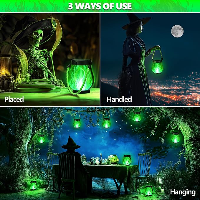 iBaycon 1 Pack Gen2 Solar Lantern Lights USB Halloween Flame Lamp, Green | Solar Garden Lights with Dual Charging USB & Solar, 2 Modes Outdoor Waterproof Hanging Lantern for Home Halloween Decor