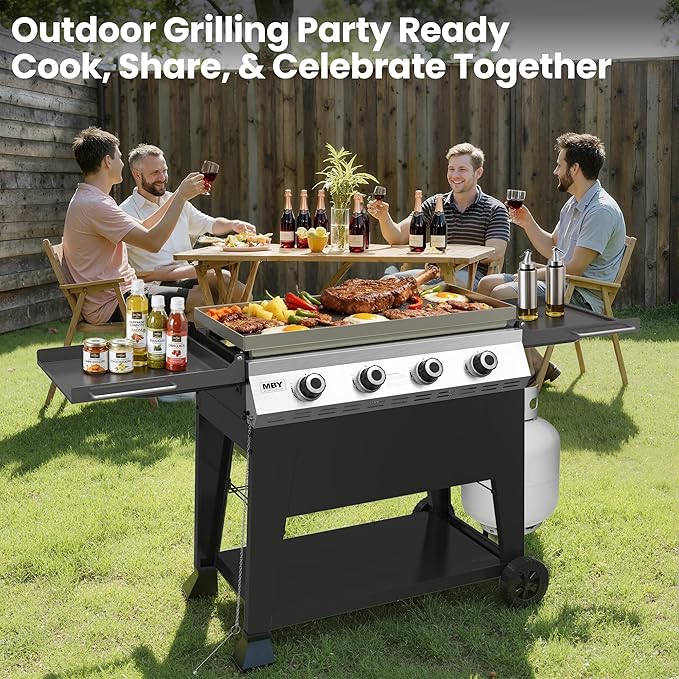 4-Burner Propane Gas Griddle, 40,000 BTU Outdoor Flat Top Propane Grill with 480 Sq In Cooking Area, Rolling Wheels & Folding Side Shelves for Camping, Tailgating & Backyard BBQ, Black