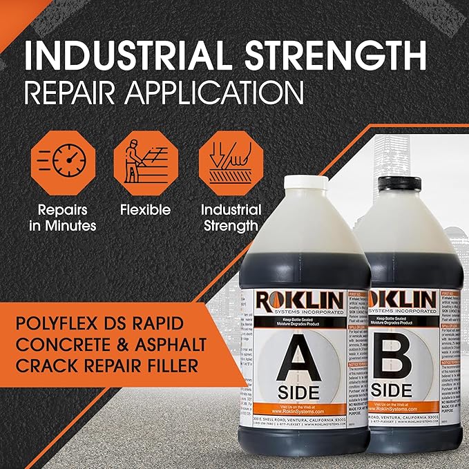 Roklin Systems, Inc. - PolyFlex DS Concrete Crack Filler, Quick-Drying Asphalt Crack Sealer, Floor/Wall Repair Patch Kit Essential, 3 gallons (1 ½ gallons x 2 - Side A & B), Black