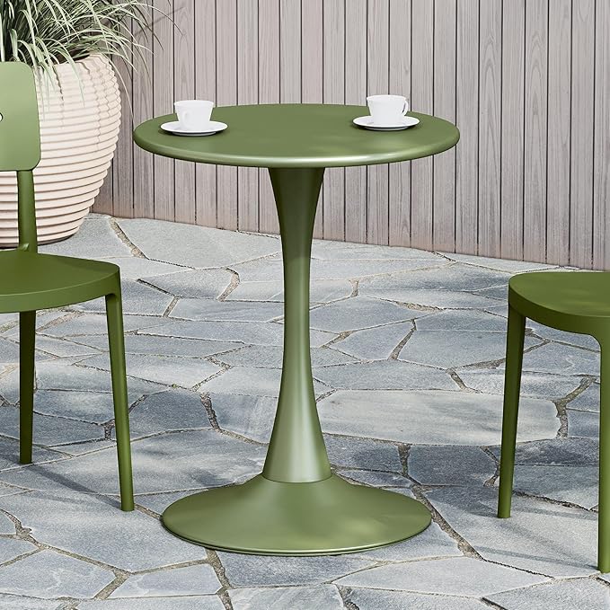 Costaelm Small Dining Table, Round PP Outdoor Table, Weather Resistant Balcony Table for Outside Poolside Deck Lawn Garden Backyard, Olive Green