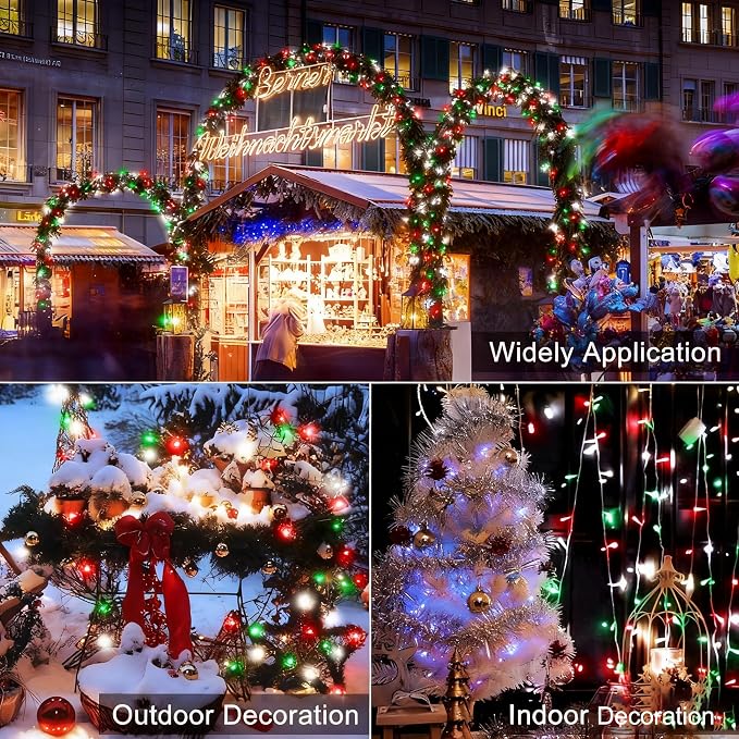 Red White Green Christmas String Lights Battery Operated, 2 Pack 100 LED String Lights 33Ft with Timer 8 Modes Outdoor Indoor Novelty Lights for Home Xmas Tree Garland Holiday Decor