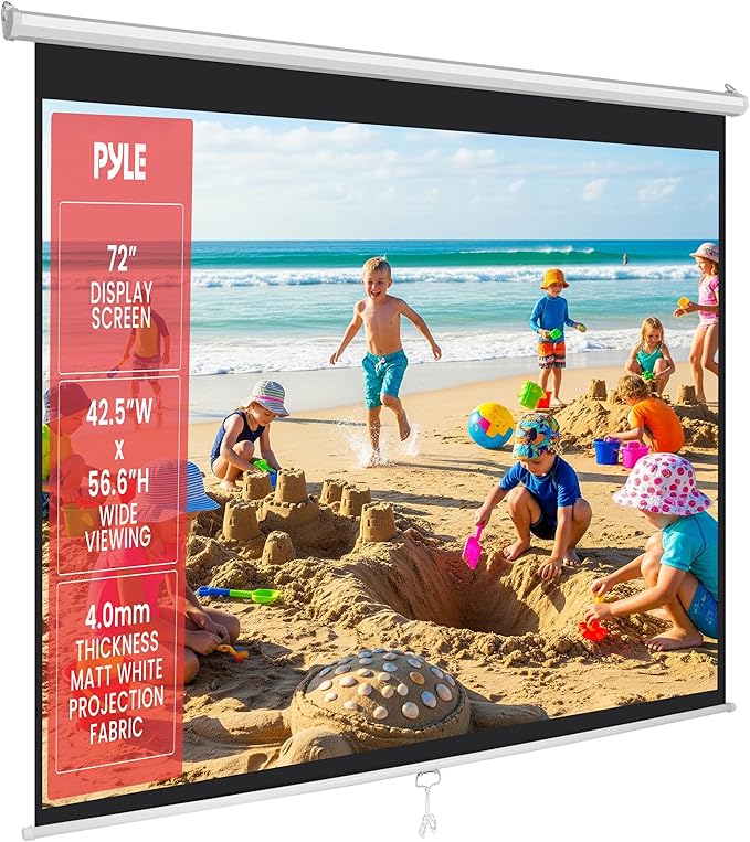 Pyle 72-Inch Manual Pull Down Projector Screen, Matte White Projection Surface, Ceiling or Wall Mount Screen Projector with Auto-Lock & Black Border for Home Theater or Office (42.5" x 56.6")