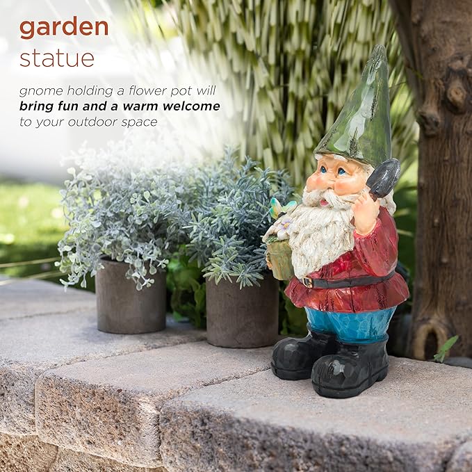 Alpine Corporation 12" Tall Outdoor Garden Gnome with Flower Pot Yard Statue Decoration