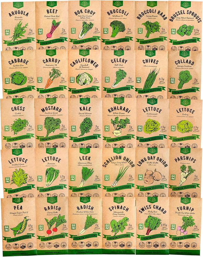 Organo Republic 30 Most Popular Winter Vegetable Garden Seeds Variety Pack- Outdoors/Indoor 33,200+ Non-GMO Heirloom Veggie Seeds Broccoli Beet Carrot Cabbage Chives Lettuce Radish Pea Spinach & More