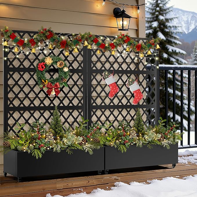 FENCY Metal Planter Box with Diamond Lattice Trellis Planter Box for Climbing Plants/Vines, Galvanized Raised Garden Bed On Wheels, Garden Bed with Trellis(73"x47" Black)