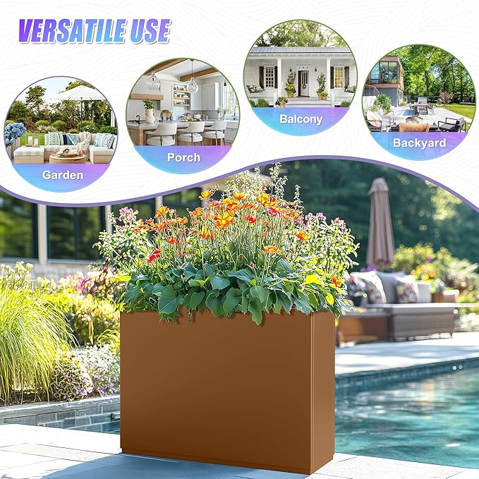 Tall Metal Planter, 12" W×24" H Large Rectangular Planter Box for Outdoor or Indoor, All-Weather Durable Plant Box with Drainage Holes & Removable Shelf for Patio, Porch, Garden, Trees, Flowers