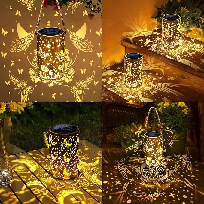 Toodour Solar Lantern Outdoor, Dragonfly Gifts for Women Mom Grandma Hanging Solar Outdoor Lights Waterproof, Hollow Out Retro Metal Dragonfly Lights for Patio, Balcony, Walkway, Yard Decorations