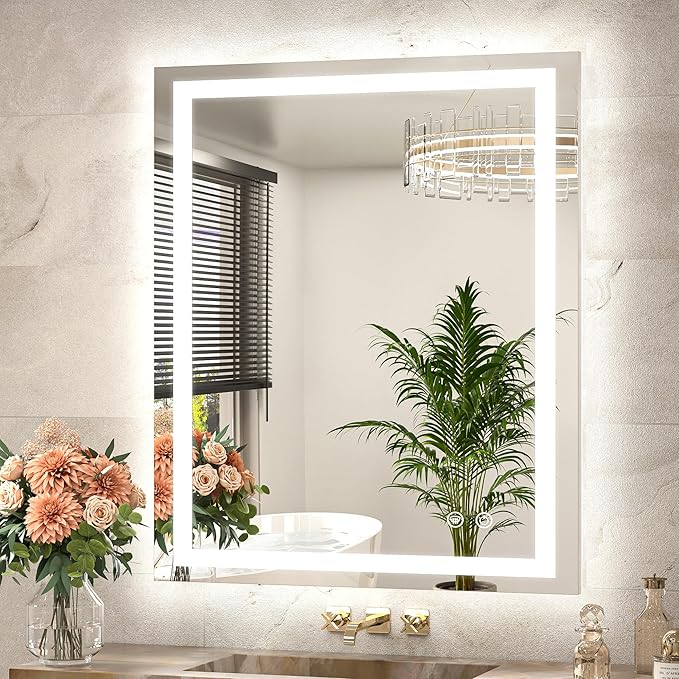 TETOTE LED Bathroom Mirror 30 x 36 Front and Backlit Lighted Bathroom Vanity Mirror with Brighter Lights 3-Color Dimmable Led Anti Fog Light up Mirror, Waterproof, Shatterproof Tempered Glass