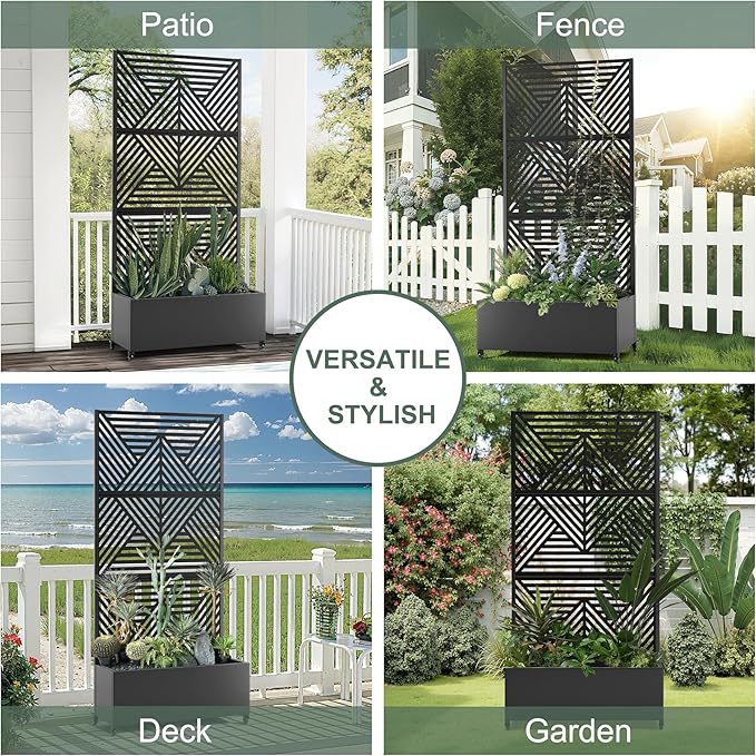 Metal Raised Garden Beds with Privacy Screen for Outdoor Plants, Planter Box with Trellis & Wheels, Flower Boxes with Drainage Holes (35" L×16" W×71" H, Black Zodiac)