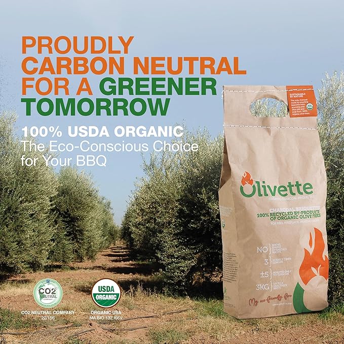 Organic Charcoal Briquettes by Olivette, Reusable Charcoal for Grilling, USDA Certified, Recycled Olive Tree Byproduct, Ready to Light, 6.6 lb. Bag Equal to 20 lb. Regular Charcoal, 4-Bag Bulk Case