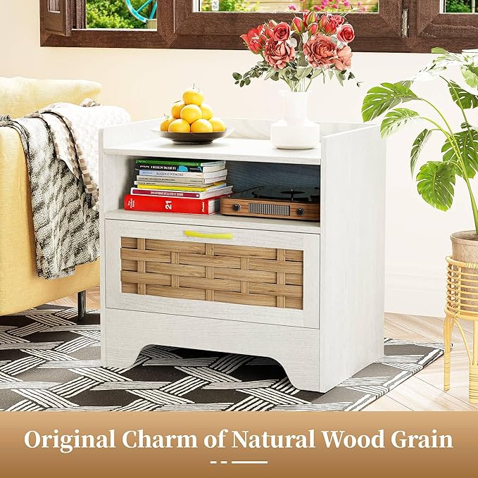 24" Rattan Nightstand with Storage Drawer, White Bedside Table with Semi Open Cubby, Boho Night Stand with Farmhouse Arched Base for Bedroom, Side Table, End Table for Dorm
