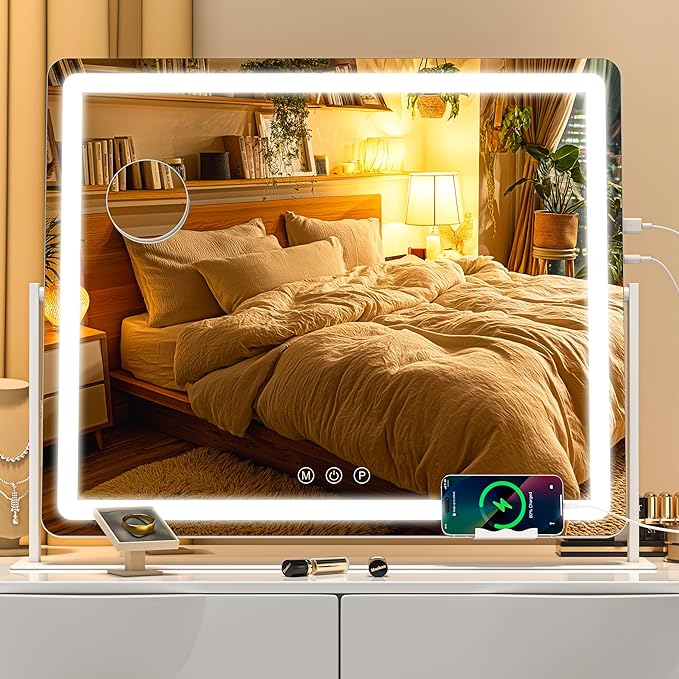 Vanity Mirror with Lights, 25.6'' x 22'' Lighted Makeup Mirror, Touch Screen with 3-Color Lighting, Dimmable for Vanity Desk Tabletop Round White