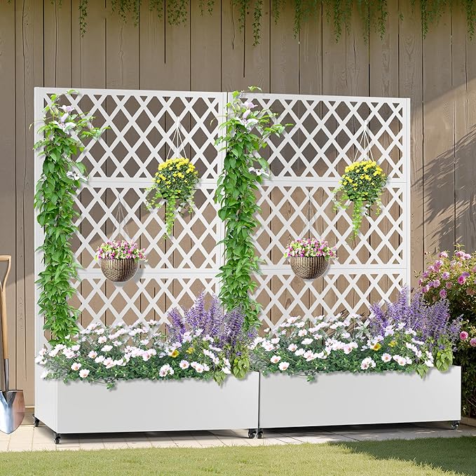 Metal Planter Box with Trellis, Heavy-Duty Raised Garden Bed for Climbing Plants, Drainage Hole, Outdoor Planter Box with Privacy Screen，47''L×16''W×71''H