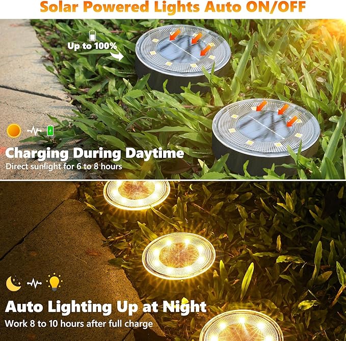 Joomer 2-in-1 Solar Lights Outdoor Waterproof, 4 Pack 8 LED, Warm White | Solar Powered Garden Lights Ground Disc Landscape Lighting for Patio Pathway Lawn Yard Driveway Walkway Deck Step
