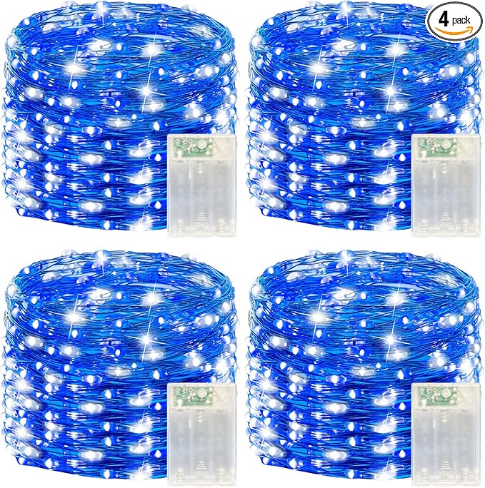 4 Pack 240LED Christmas Fairy Lights Battery Operated - 20FT Twinkle Lights with 2 Lighting Modes Indoor, Waterproof Led Fairy String Lights for Bedroom, Classroom, Dorm, DIY Decor, Blue & White