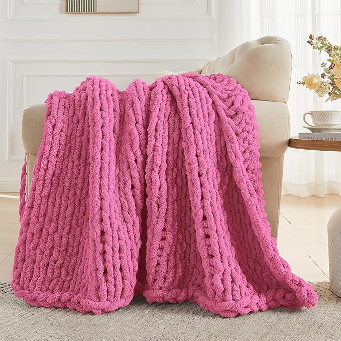 Carriediosa Chunky Knit Throw Blanket 60" X 80" Twin, 100% Hand Made Large Chenille Loop Yarn Soft Fluffy Throws for Couch Sofa Bed, Big Crochet Cozy Heavy Thick Cable Woven Blankets, Hot Pink