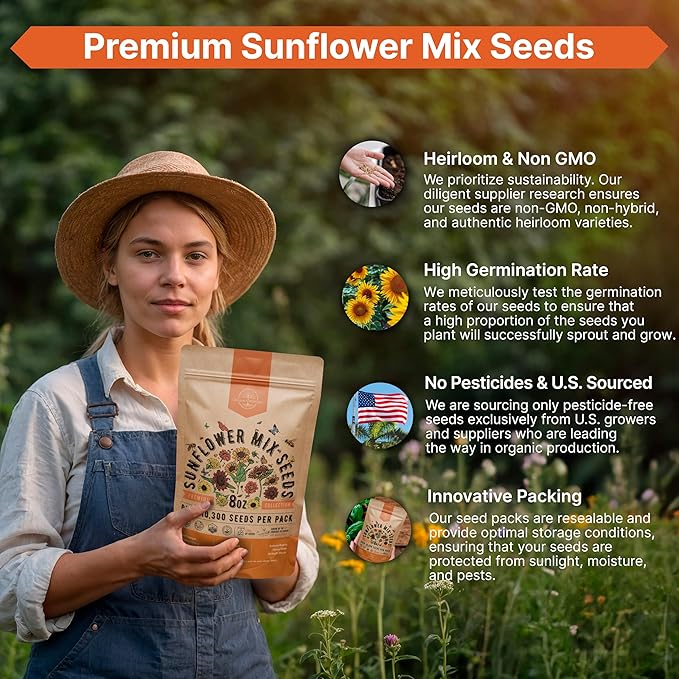 Sunflower Mix Seeds Pack 8 oz - Over 10,300 Non-GMO Heirloom Sunflower Seeds for Planting, Annual Flowers in Individual Seed Packet for Planting Home Garden Indoor & Outdoor Gardening