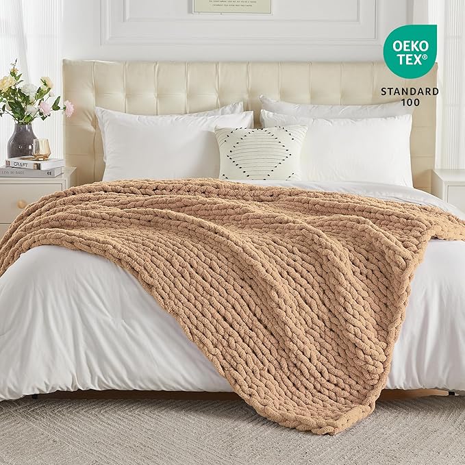 Carriediosa Chunky Knit Throw Blanket 60" X 80" Twin, 100% Hand Made Large Chenille Loop Yarn Soft Fluffy Throws for Couch Sofa Bed, Big Crochet Cozy Heavy Thick Cable Woven Blankets, Tan Brown