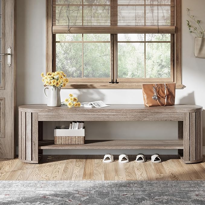 Tribesigns 63" Wooden Entryway Bench with Shoe Storage, Long 2-Tier Narrow Shoe Bench with Arc Vertical Slat Splicing Legs, End of Bed Stool for Bedroom, Entrance, Living Room (Beige Gray)