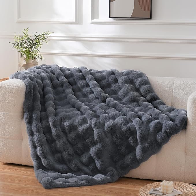 BENVWE Faux Fur Throw Blanket for Couch Bed - Fluffy Soft Thick Bubble Blanket for Living Room Home Decor - Fathers Day Birthday Gifts for Women Men, Grey, 63" x 80"