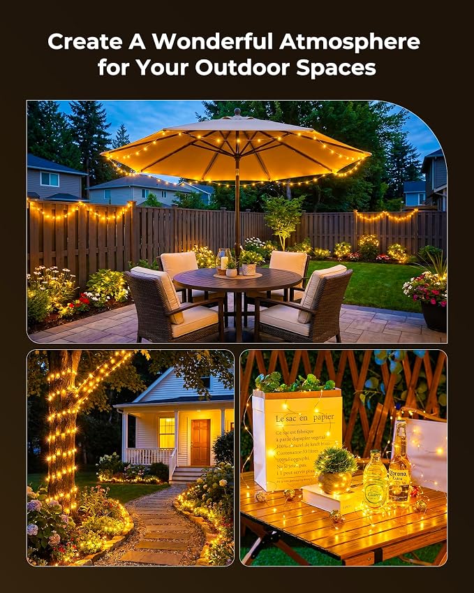 Minetom Solar String Lights, 2 Packs Total 66Ft 200 LED Solar Fairy Lights, Waterproof Solar Lights for Outside Patio Yard Tree Wedding Christmas, Warm White