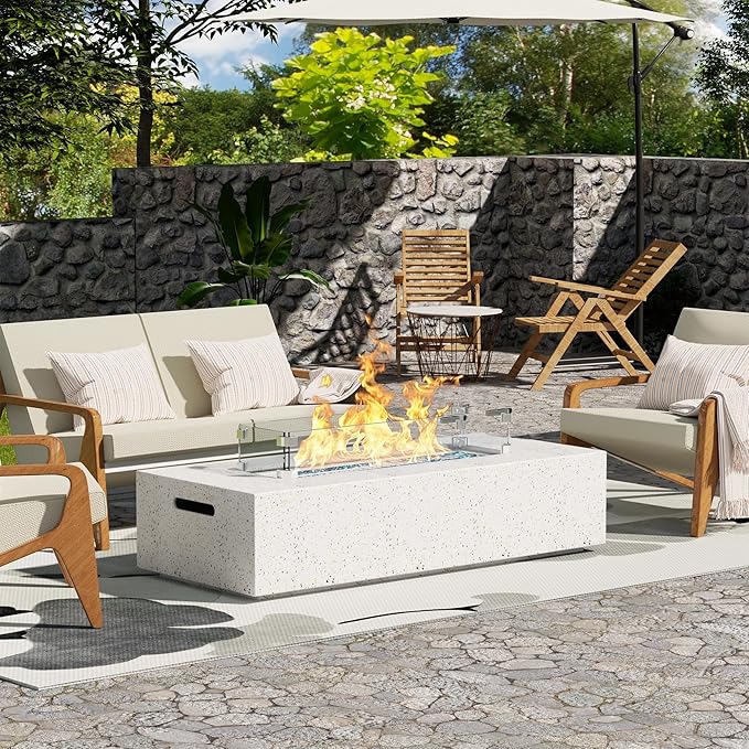 56" Propane Fire Pit Table, Rectangle Outdoor Fire Table w Glass Wind Guard(50,000 BTU), 2 Piece Patio Firepit Table Gas Fire Table w Fire Glass, Rain Cover for Outside, Backyard
