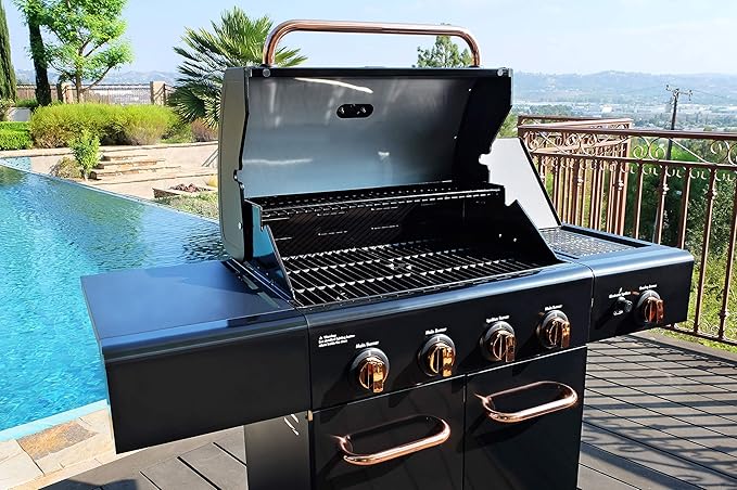 Kenmore 4-Burner BBQ Gas Grill with Searing Side Burner, Propane Grill, 52,000 BTUs, Warming Rack, Electronic Ignition & Cast Iron Cooking Grates, Black/Copper