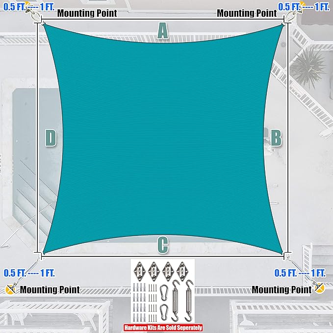 Amgo Custom Size 17' x 19' Turquoise Rectangle Square Sun Shade Sail UPF50+ AGTAPR1620, Order to Make Canopy Awning, 95% UV Blockage, Water & Air Permeable, Commercial and Residential (We Customize)