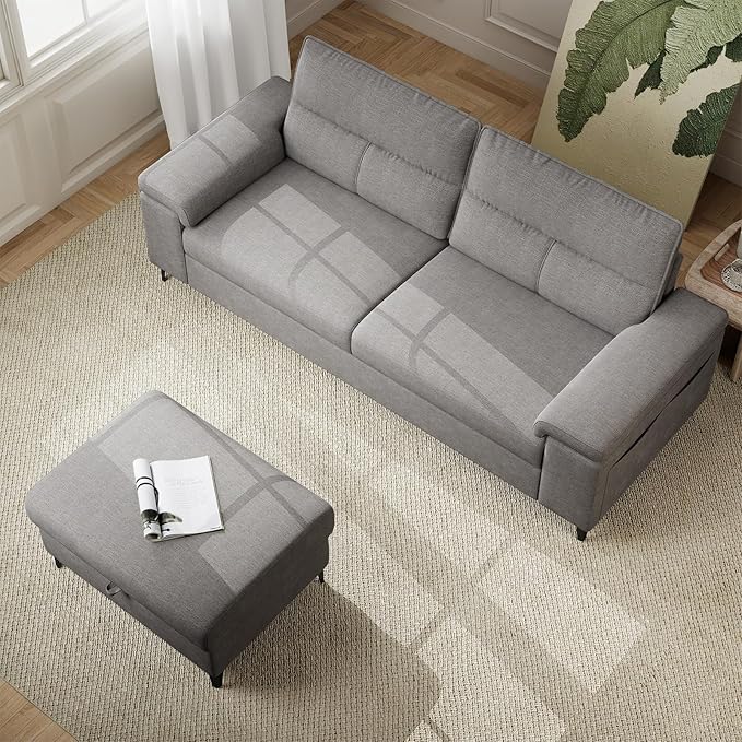 88.97" L Shaped Sectional Couches for Living Room, Deep Seat Sofa with Storage Ottoman & 8”Cushion, Comfy 2-Seater Chenille Loveseat, Convertible Armrest, Removable Cover for Small Space(Light Gray)