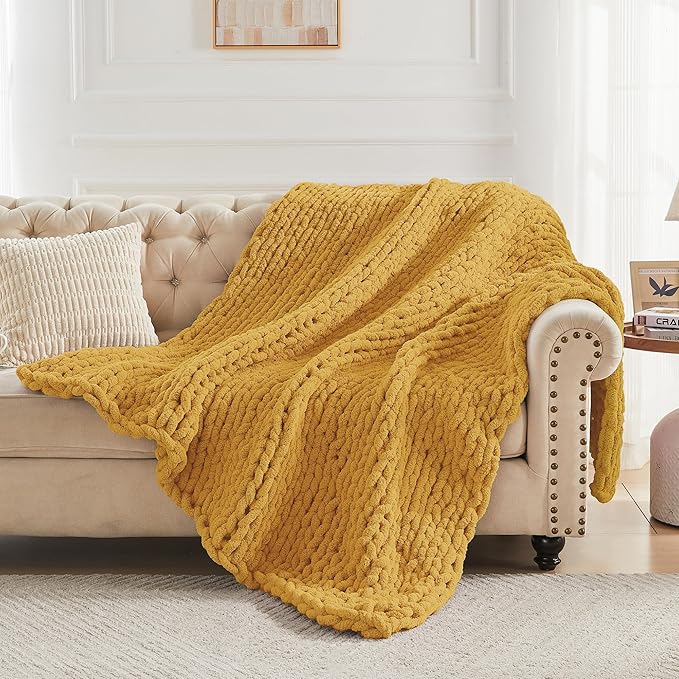 Carriediosa Chunky Knit Throw Blanket 60" X 80" Twin, 100% Hand Made Large Chenille Loop Yarn Soft Fluffy Throws for Couch Sofa Bed, Big Crochet Cozy Heavy Thick Cable Woven Blanket, Yellow