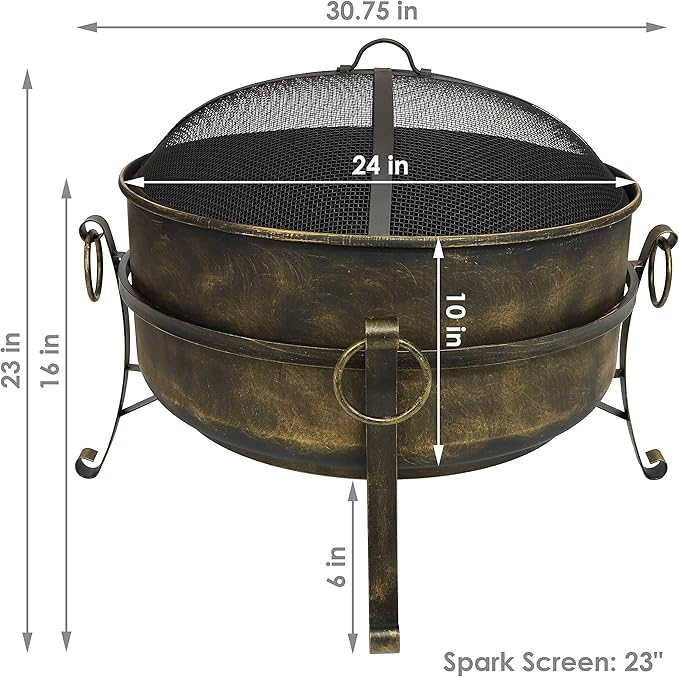 Sunnydaze 24-Inch Small Fire Pit for Outside - Wood-Burning Fire Pit Bowl for Outdoors with Spark Screen, Log Poker, and Grate