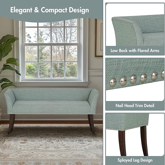 Madison Park Accent Bench for Living Room, Upholstered with Nailhead Trim, & Padded Seat Entryway Bench Small, End of Bed Bench with Back, 49.5" W x 19.25" D x 23" H, Light Blue