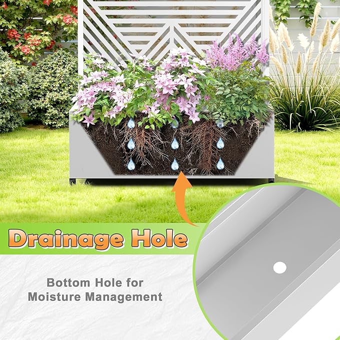 Metal Raised Garden Bed with Trellis, 2-in-1 Planter Box & Privacy Screen for Climbing Plants, Outdoor Standing Flower Bed with Drainage Holes, 35.4" L x 15.7" W x 70.1" H, White-Zodiac