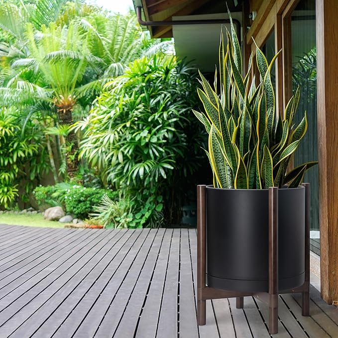 D'vine Dev Planter Pot with Stand - 16 Inch Plastic Cylinder Flower Pot with Wood Planter Holder for Indoor, Matte Black Pot + Walnut Color Stand, 55-C-X-2